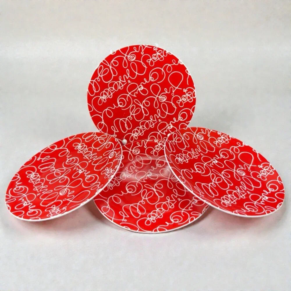 Crate & Barrel Artwork Script Christmas Holiday Dish Plate Set‎ 4 Plates 6.5inch